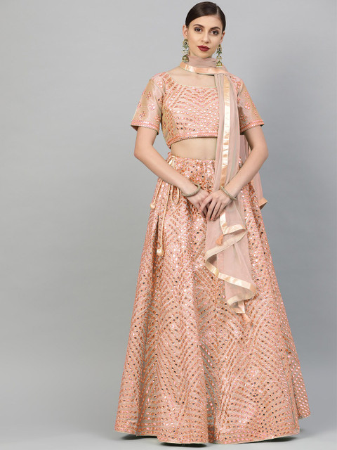 

Chhabra 555 Peach Embroidered Mirror Work Ready to Wear Lehenga & Made Measure Blouse With Dupatta