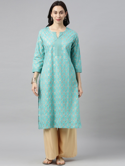 

BEVERLY BLUES Women Blue Printed Keyhole Neck NA Kurta