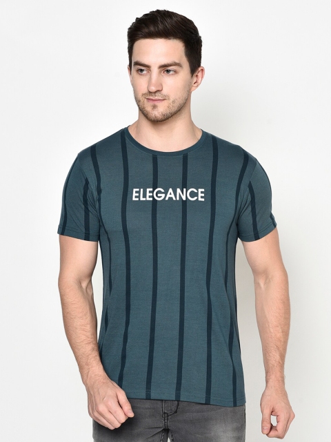 

ELEGANCE Men Teal Green & Black Striped T-shirt