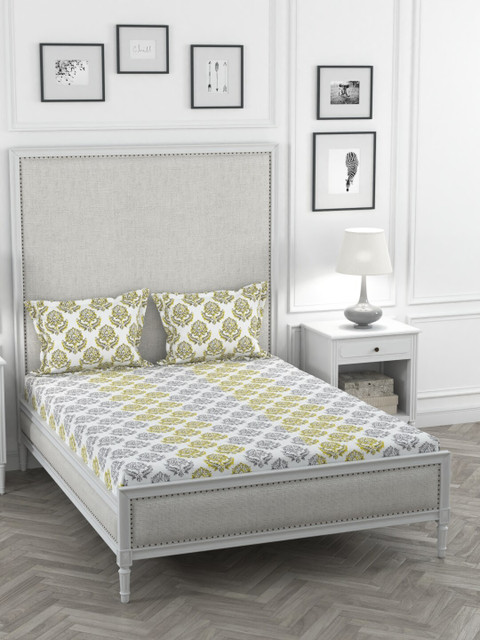 

AMOUVE White & Yellow Ethnic Motifs 300 TC Egyptian Cotton King Bedsheet with 2 Pillow Covers