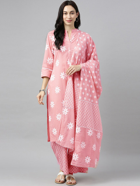 

BEVERLY BLUES Women Peach Floral Printed Panelled Kurti with Palazzos & With Dupatta