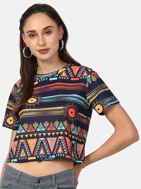 

V2 Value & Variety Navy Women Blue Tribal Printed Regular Crop Top, Navy blue