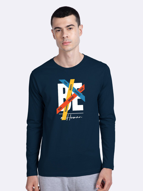 

Bewakoof Men Navy Blue Typography Printed Round Neck Pure Cotton T-shirt
