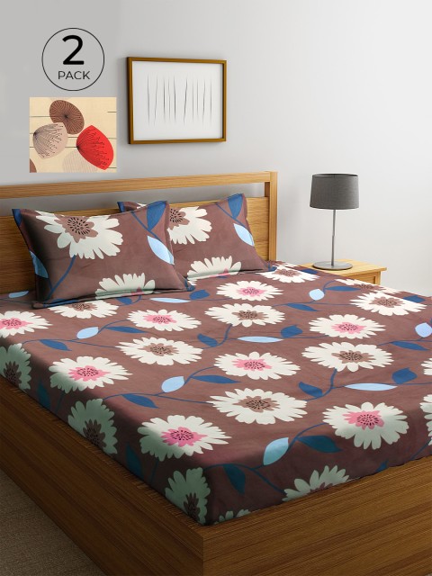 

KLOTTHE Brown & Beige Floral 210 TC 2 King Bedsheet with 4 Pillow Covers
