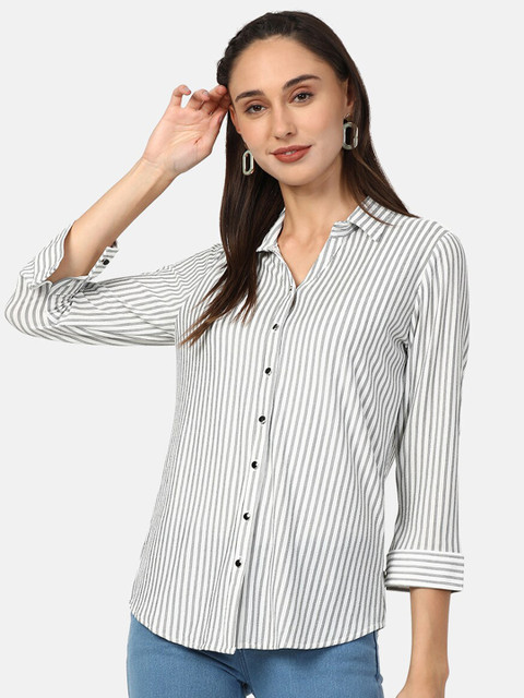 

V2 Value & Variety White Striped Crepe Shirt Style Top