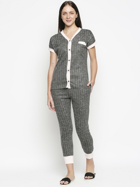 

XIN Women Grey & White Striped Pure Cotton Night Suit