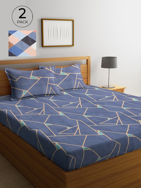 

KLOTTHE Blue & Brown Geometric 210 TC 2 King Bedsheet with 4 Pillow Covers