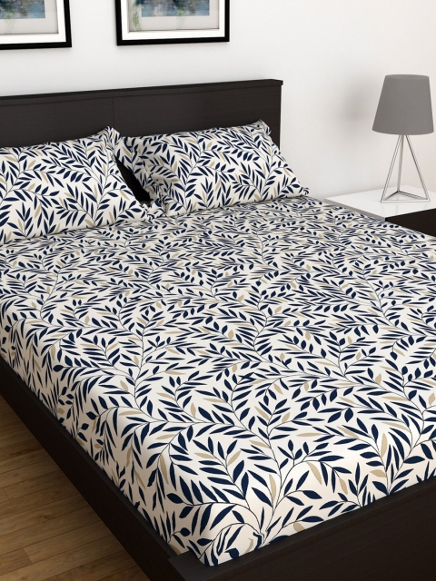 

Home Centre White & Navy Blue Floral 150 TC King Bedsheet with 2 Pillow Covers