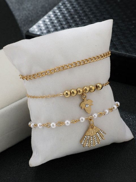 

YoungWildFree Set Of 3 Gold-Plated White Stone-Studded & Beaded Anklets