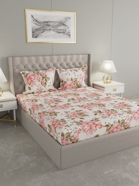 

Raymond Home White & Peach-Coloured Floral Queen Bedsheet with 2 Pillow Covers