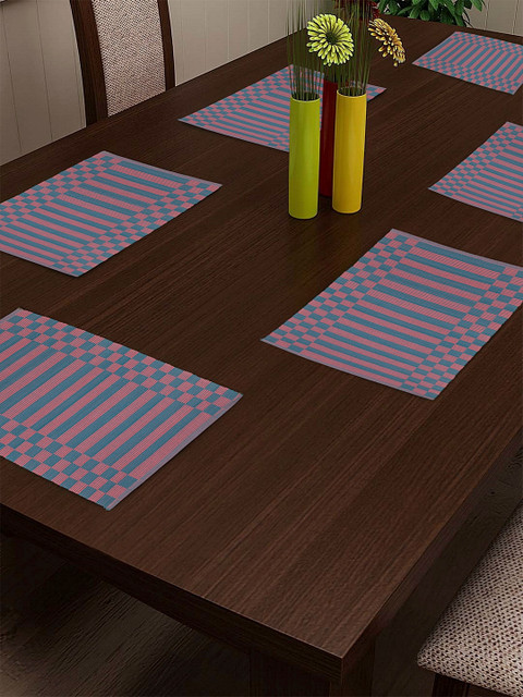 

NEUDIS Set Of 6 Blue & Pink Checked Pure Cotton Woven Table Placemats