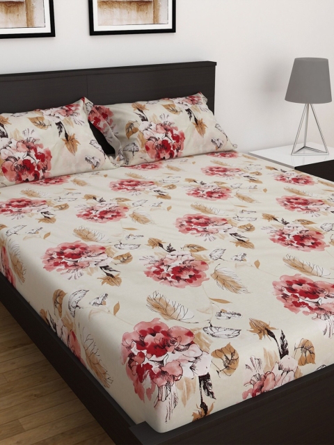

Home Centre White & Red Floral 152 TC King Bedsheet with 2 Pillow Covers