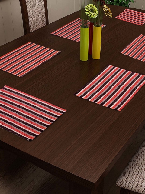 

NEUDIS Set Of 6 Orange & White Striped Pure Cotton Woven Table Placemats