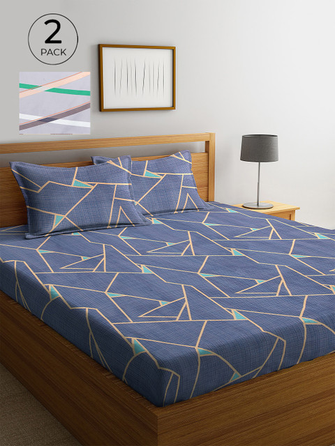 

KLOTTHE Multicolor Geometric 210 TC Poly Cotton 2 King Size Double Bedsheet Set, Multi