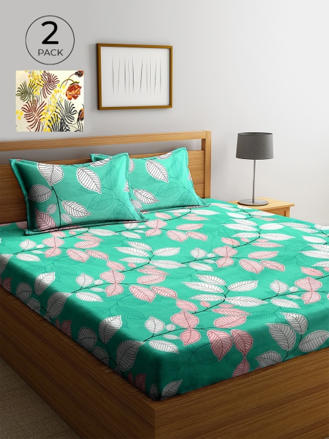 

KLOTTHE Multicolor Floral 210 TC Poly Cotton 2 King Size Double Bedsheet Set, Green