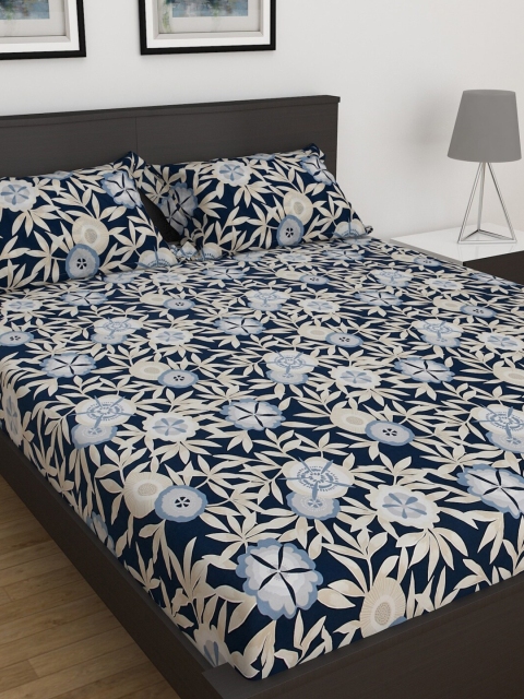 Home Centre Navy Blue & Cream-Coloured Floral 150 TC King Bedsheet with 2 Pillow Covers