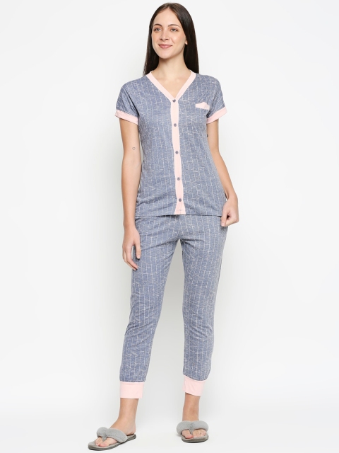 

XIN Women Blue & White Striped Pure Cotton Night suit