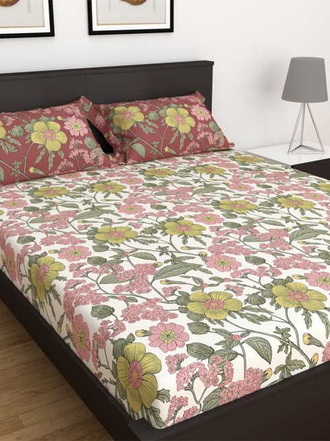 

Home Centre White & Pink Floral 144 TC Queen Bedsheet with 2 Pillow Covers