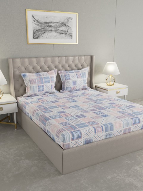 

Raymond Home White & Blue Geometric 120 TC Queen Bedsheet with 2 Pillow Covers