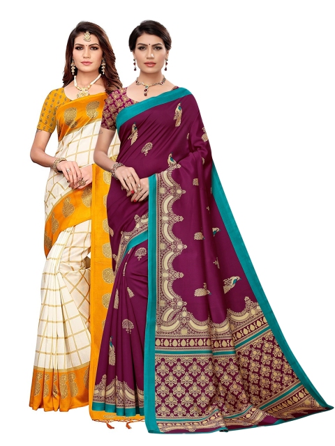 

KALINI Women Magenta & Mustard Art Silk Pack of 2 Printed Saree