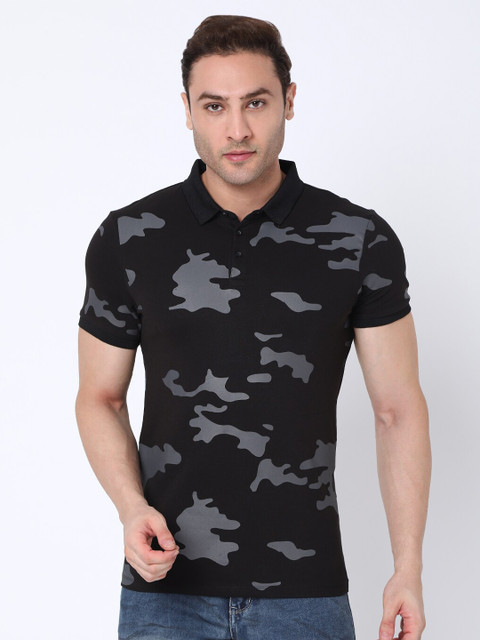 

Rex Straut Jeans Men Black & Grey Camouflage Printed Polo Collar Slim Fit T-shirt