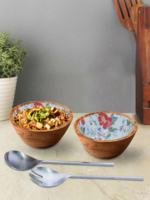 

nestroots Set Of 4 Brown & Blue Printed Decorative Bowls With Serving Spoon And Fork