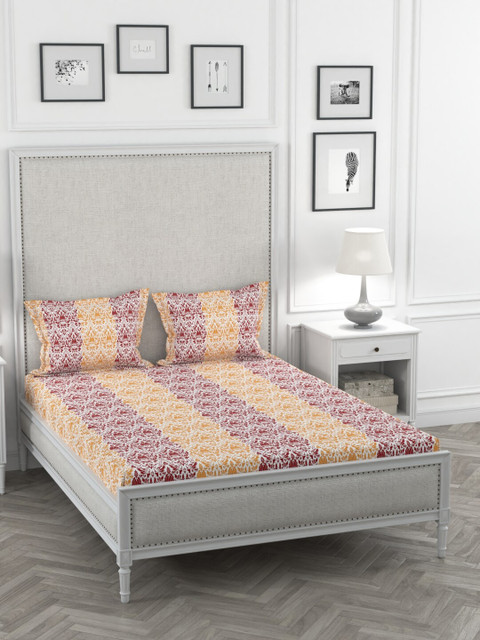 

AMOUVE Orange & Maroon Ethnic Motifs 300 TC Egyptian Cotton King Bedsheet with 2 Pillow Covers