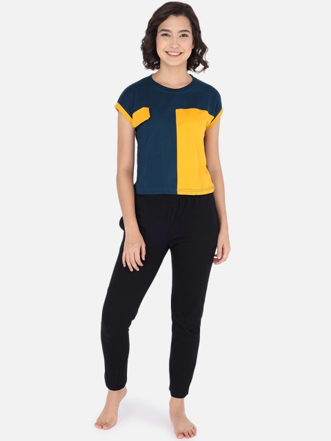 

The Dry State Women Navy Blue & Yellow Colourblocked Night suit