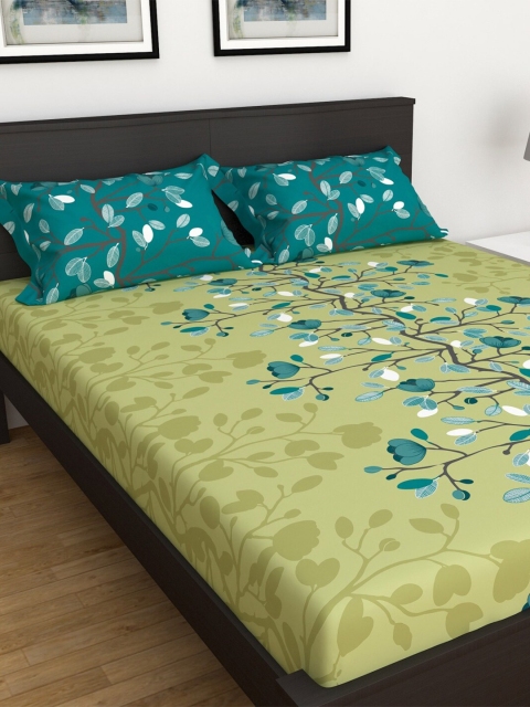 

Home Centre Green & Teal Floral 144 TC 3 Queen Bedsheet with Pillow Covers