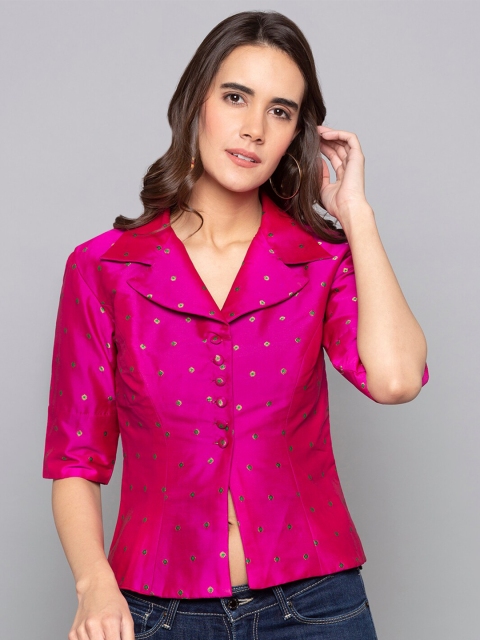 

Desi Weavess Fuchsia Geometric Embroidered Shirt Style Top