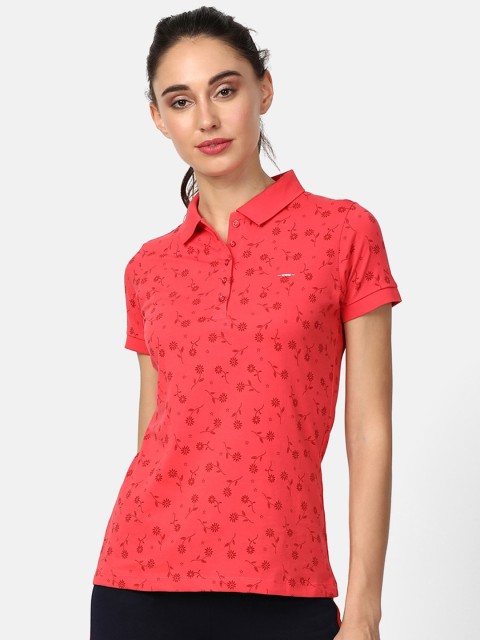 

V2 Value & Variety Women Red Floral Printed Polo Collar Slim Fit T-shirt