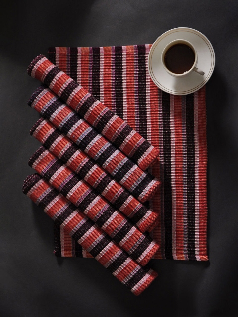 

NEUDIS Set Of 6 Orange & Purple Ribbed Stripe Pure Woven Cotton Table Placemats
