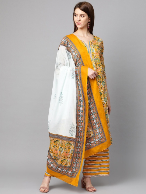 

mokshi Women Yellow Printed Panelled Pure Cotton Kurti with Palazzos & With Dupatta