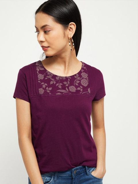 

max Women Magenta Pink Floral Printed Cotton Pure Cotton T-shirt