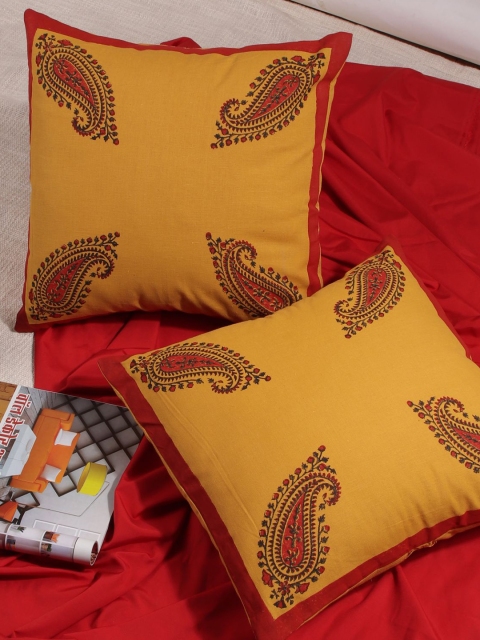 

Molcha Set Of 2 Yellow & Red Ethnic Motifs Square Cushion Covers