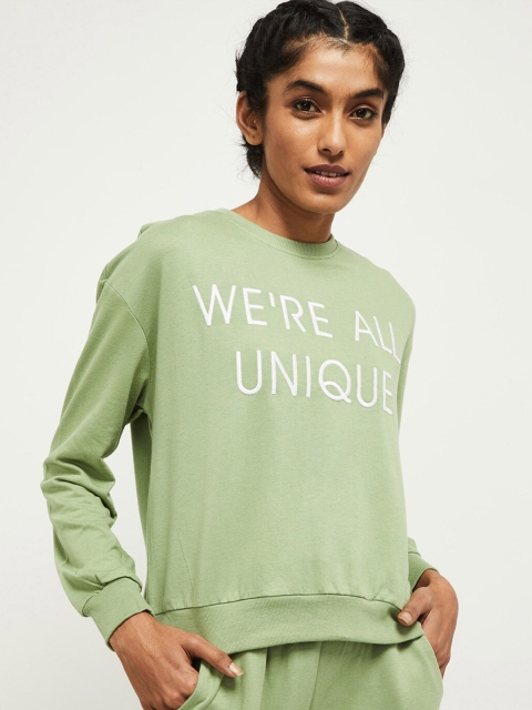 

max Women Green Typography Drop-Shoulder Sleeves Applique T-shirt