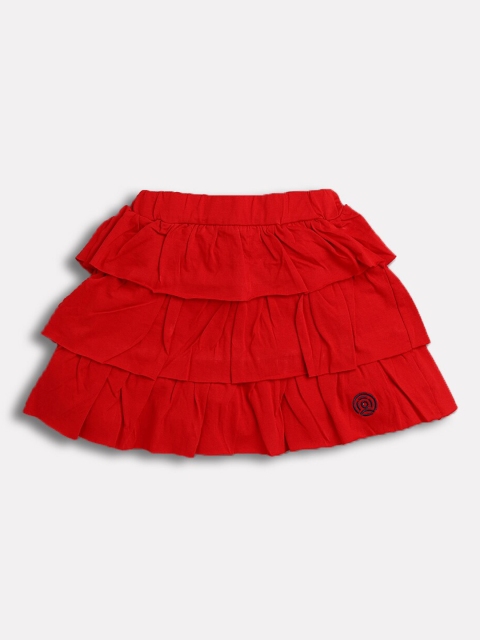 

TAMBOURINE Girls Red Solid Flared Knee-Length Pure Cotton Tiered Skirt