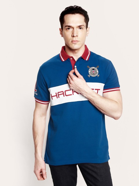 

HACKETT LONDON Men Blue Colourblocked Polo Collar Applique T-shirt