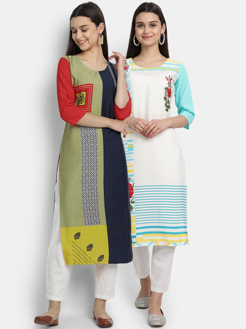 

Ethnic basket Women Multi fern Floral Printed Thread Work Crepe Kurta