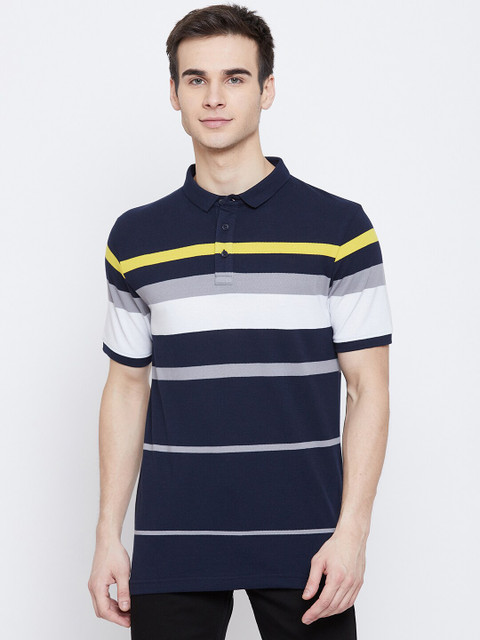 

Crimsoune Club Men Navy Blue & White Striped Polo Collar Slim Fit T-shirt