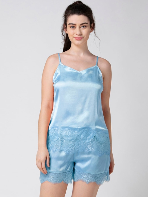 

ADORENITE Women Blue Satin Lace Trimmed Night suit of Camisole with Shorts