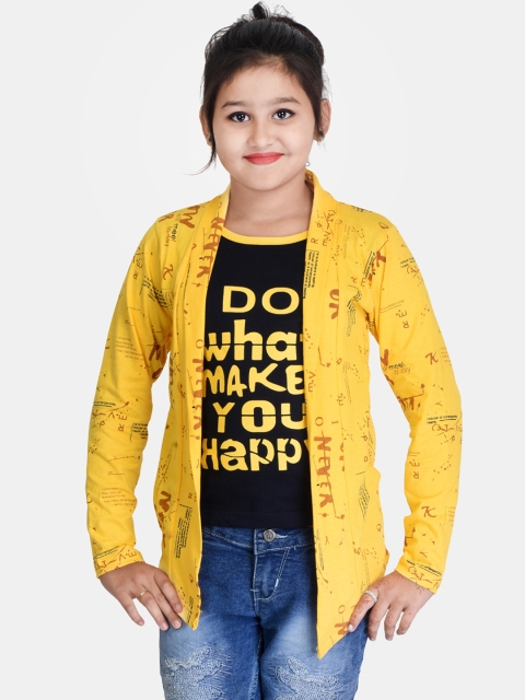 

Fabshio Girls Yellow & Black Typography Printed T-shirt with Attached Shrug