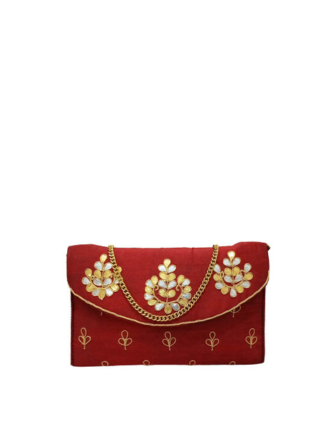 

Spice Art Maroon & Gold-Toned Embroidered Purse Clutch