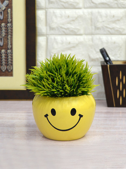 

fancy mart Green & Yellow Artificial Grass Topiary With Smiley Pot