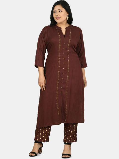 

PrettyPlus by Desinoor.com Women Coffee Brown Beads and Stones Kurti with Trousers