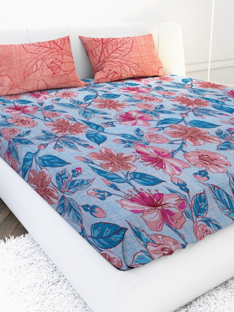 

MAYFAIR HOMES LONDON Blue & Peach-Coloured Floral 144 TC King Bedsheet with 2 Pillow Covers