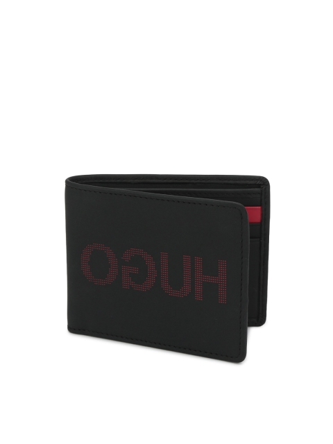 

HUGO Men Black & Red Typography Printed Leather Two Fold Wallet