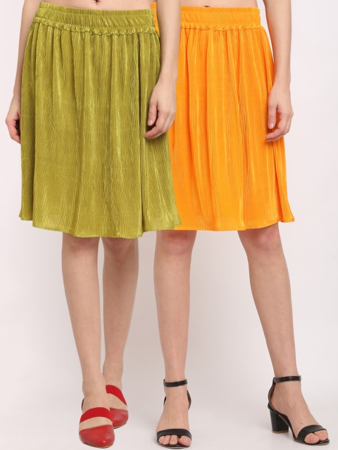

NEUDIS Women Pack Of 2 Solid Accordion Pleated A-Line Skirts, Green