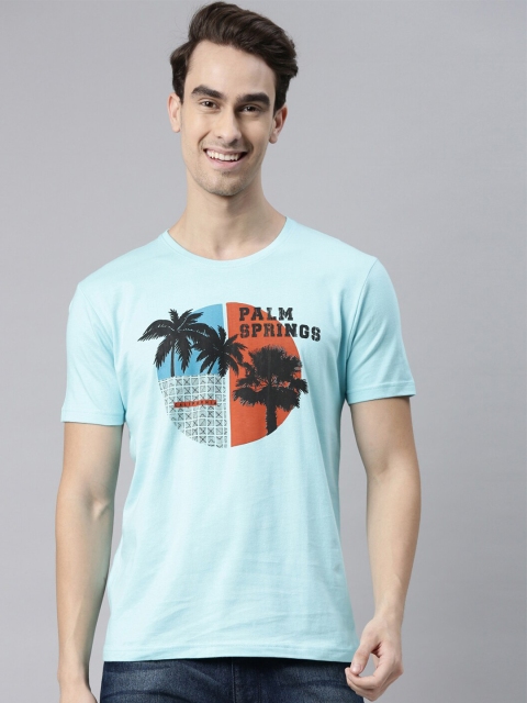 

MASH UNLIMITED Men Turquoise Blue & Black Printed Slim Fit Cotton T-shirt