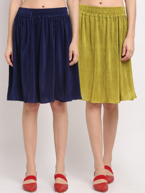 

NEUDIS Women Pack of 2 Solid Accordion Pleated Flared Knee-Length Skirts, Green